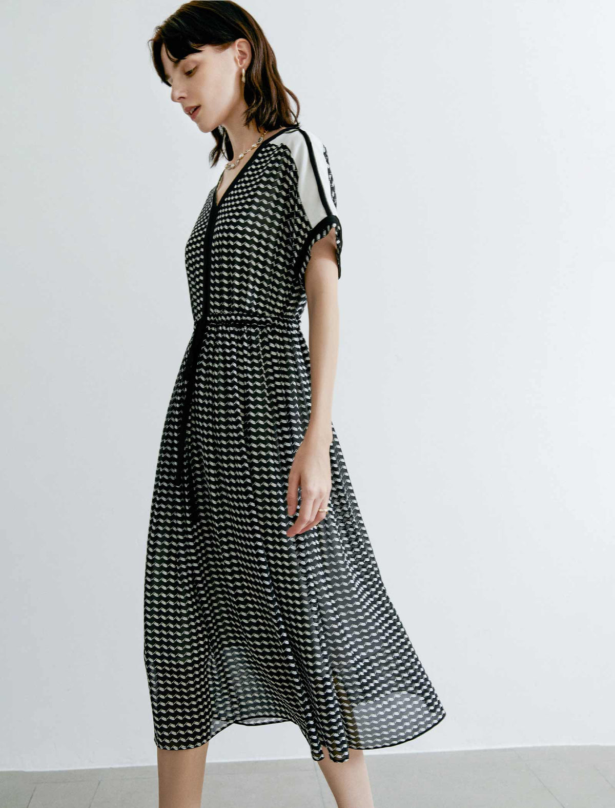 V-Neck Floral Waist-Cinched Dress