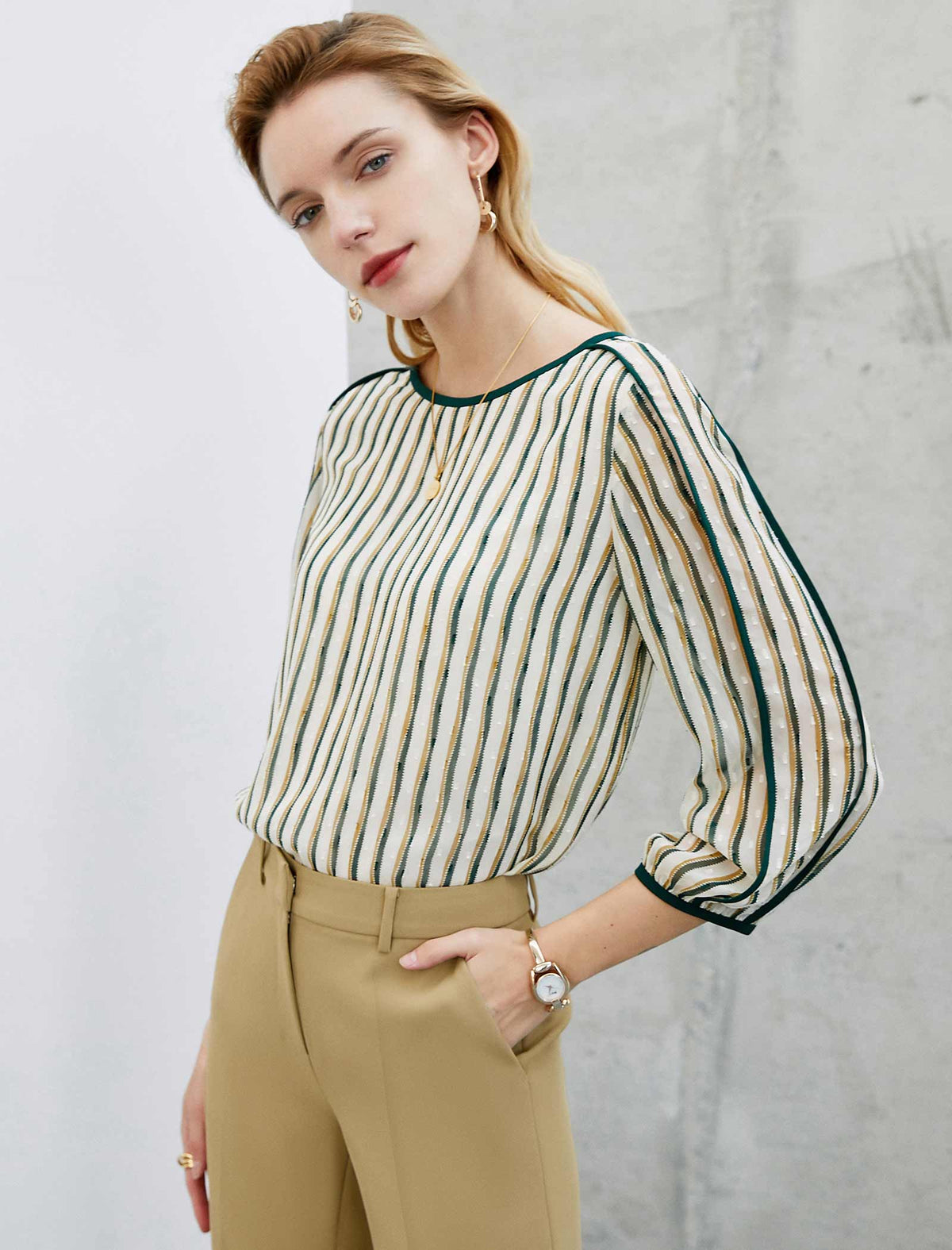 Crew Neck Striped 3/4 Sleeve Top