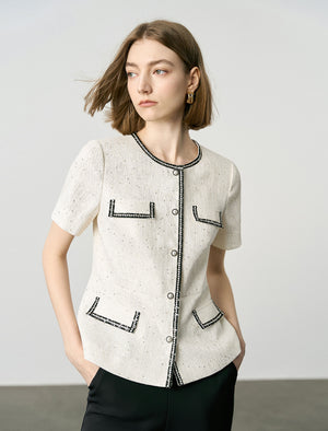 Elegant Black Trim Pearl Button Short Sleeve Jacket