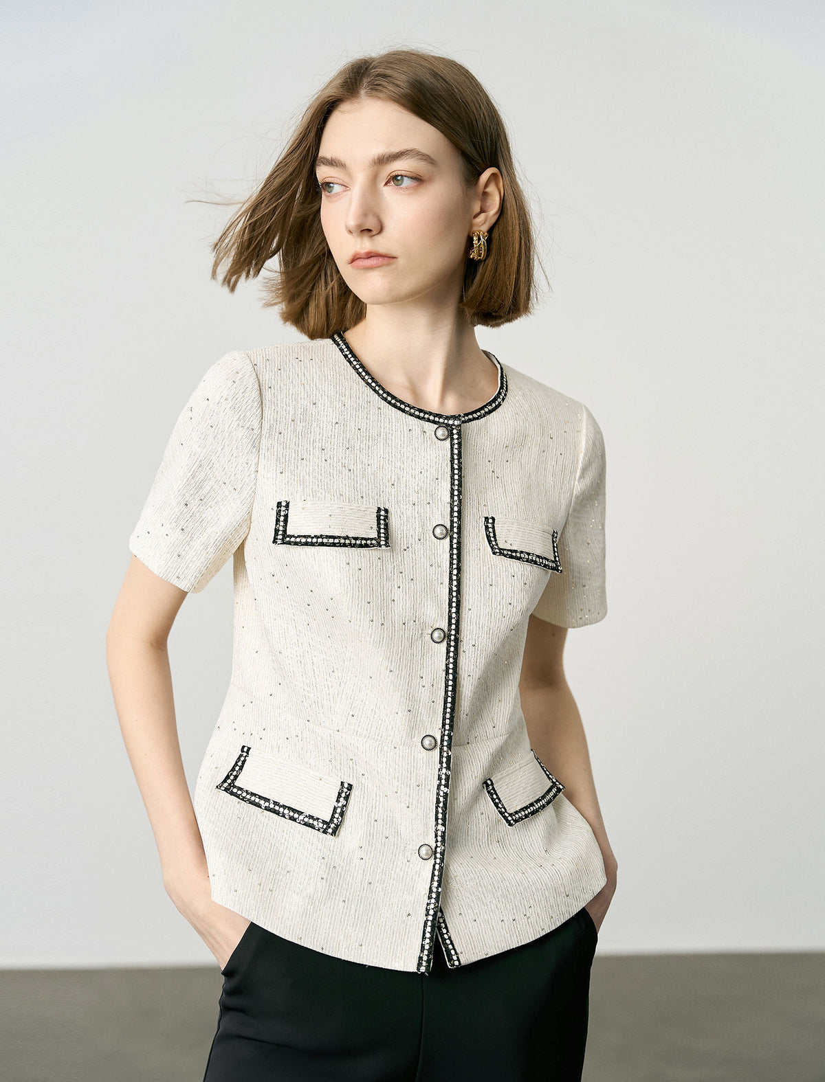 Elegant Black Trim Pearl Button Short Sleeve Jacket