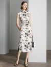 Watercolor Floral Print Qipao-Style Midi Dress