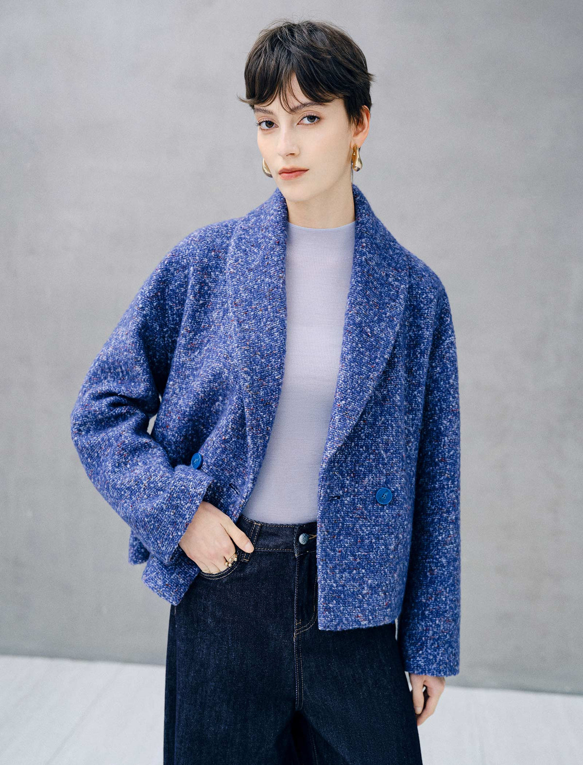 Shawl Collar Textured Double Breasted Cropped Jacket