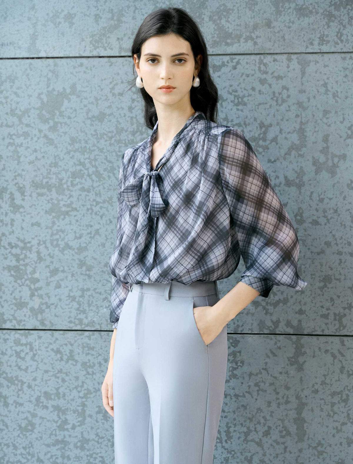 Bow‑Tie Plaid Long Sleeve Blouse