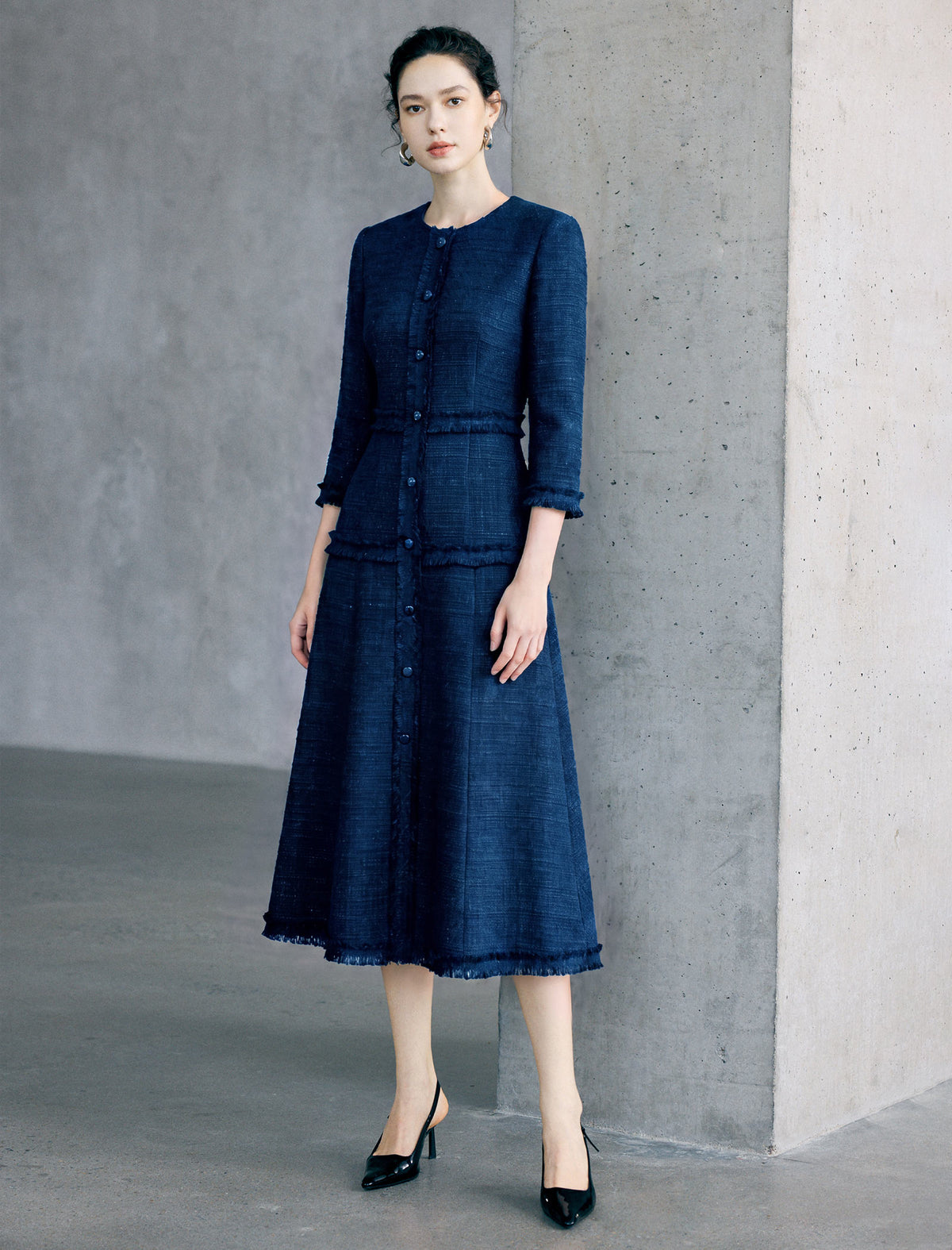 Textured Button Front Midi Dress
