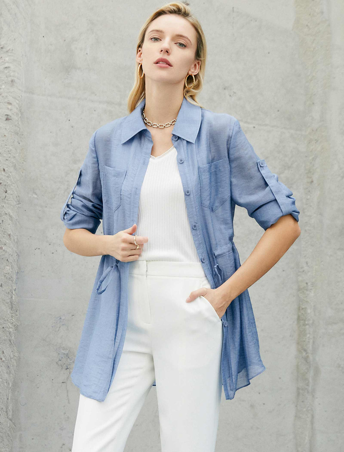 Tencel Light Blue Drawstring Shirt