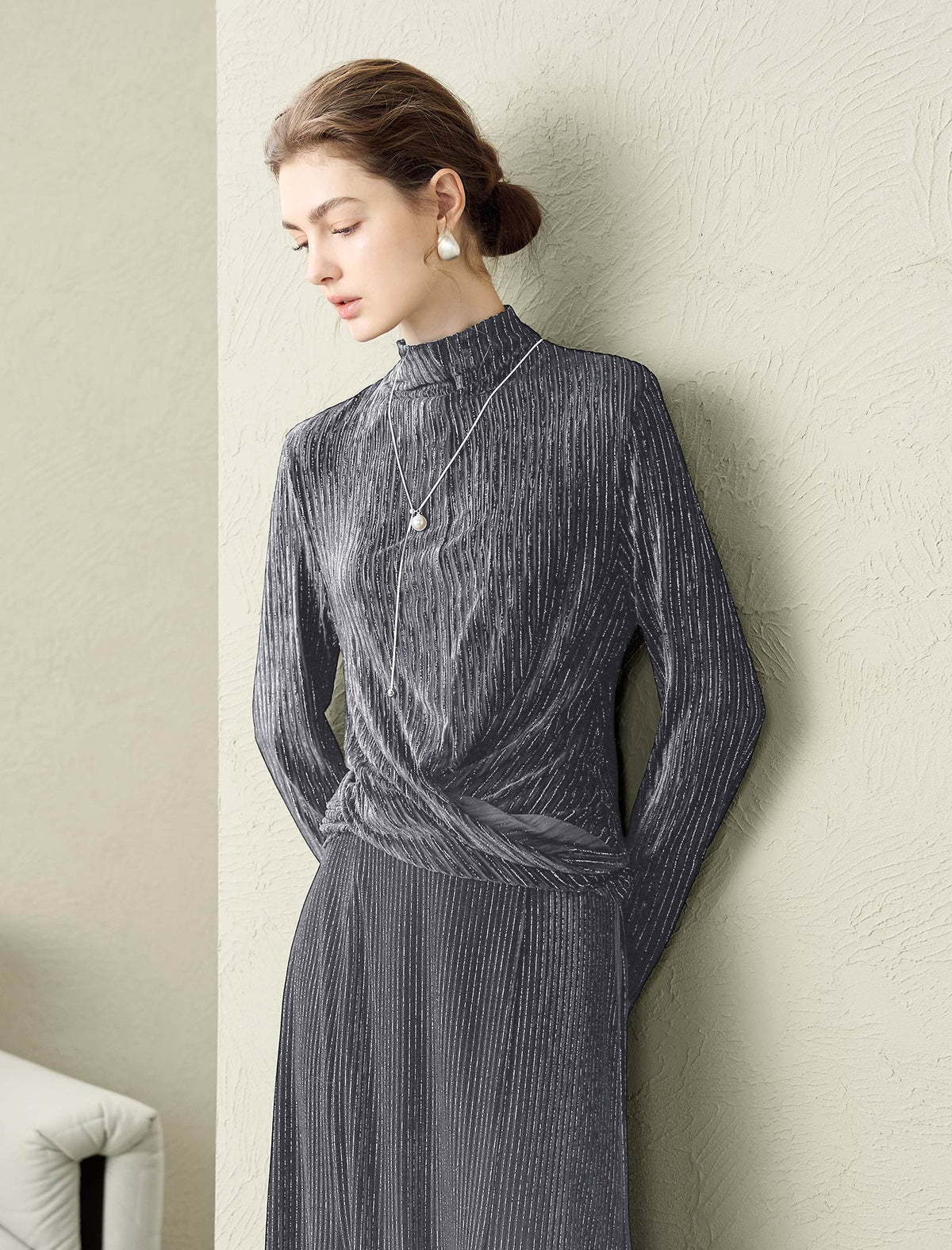 Shimmery Striped Mock Neck Long-Sleeve Top