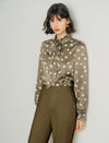 Ruffle Stand Collar Polka Dot Blouse with Self-Tie