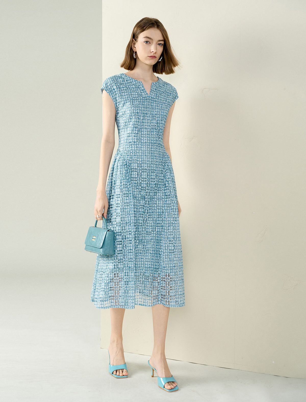 Openwork Print Cap Sleeve Midi Dress