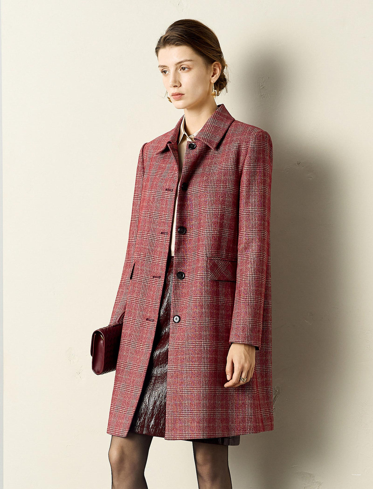 Red Plaid Straight Cut Midi Coat