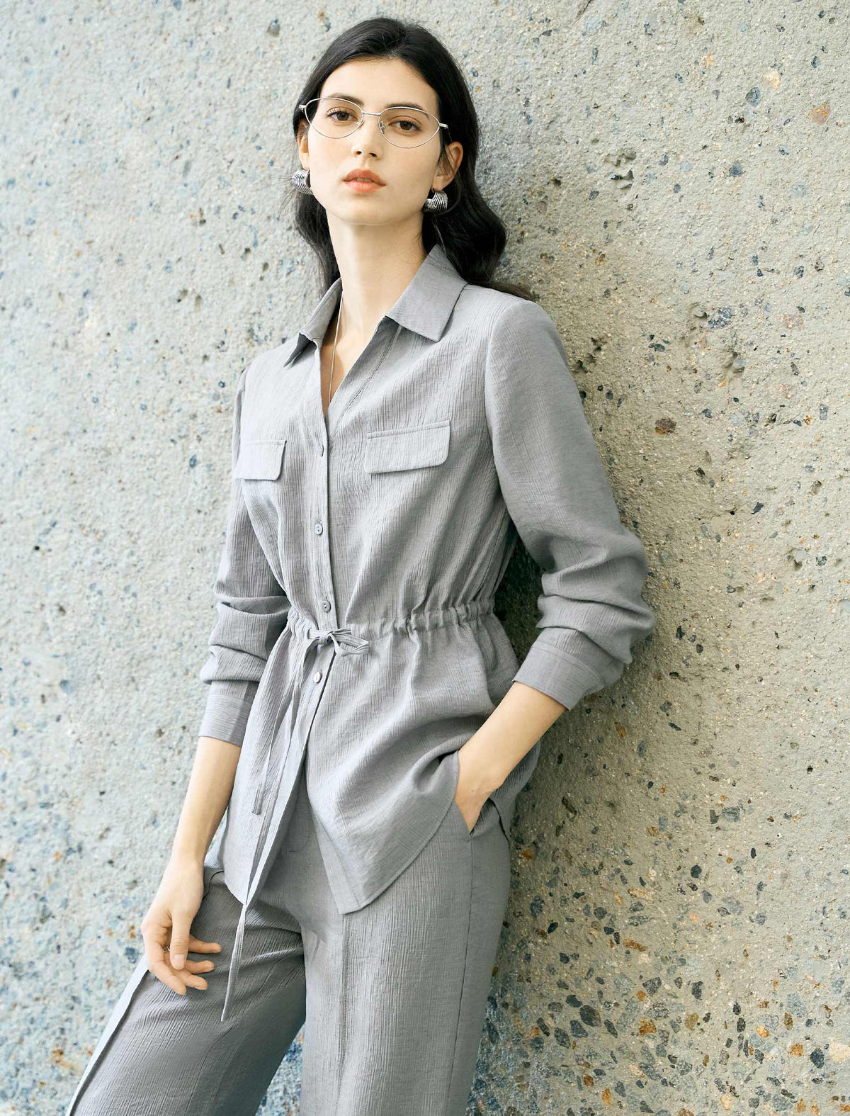 Grey Textured Drawstring Waist Tencel Shirt