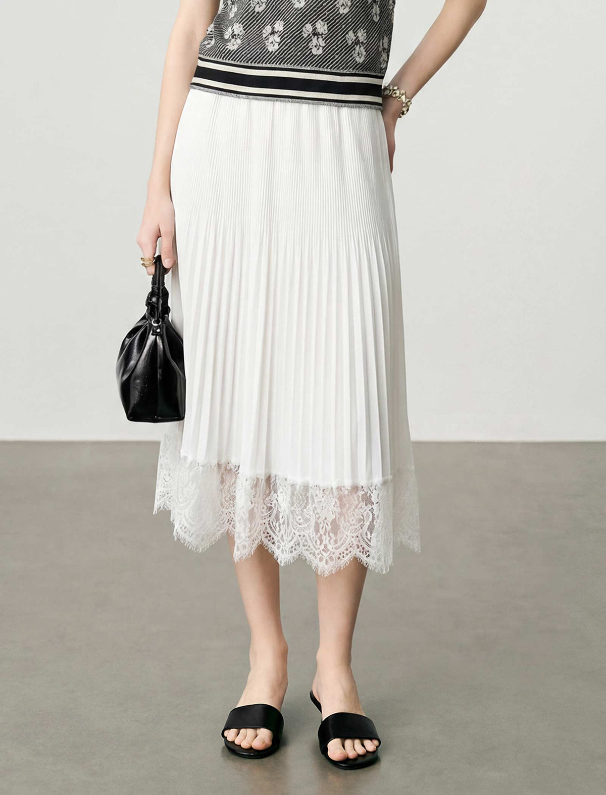 White Pleated Lace-Hem Midi Skirt