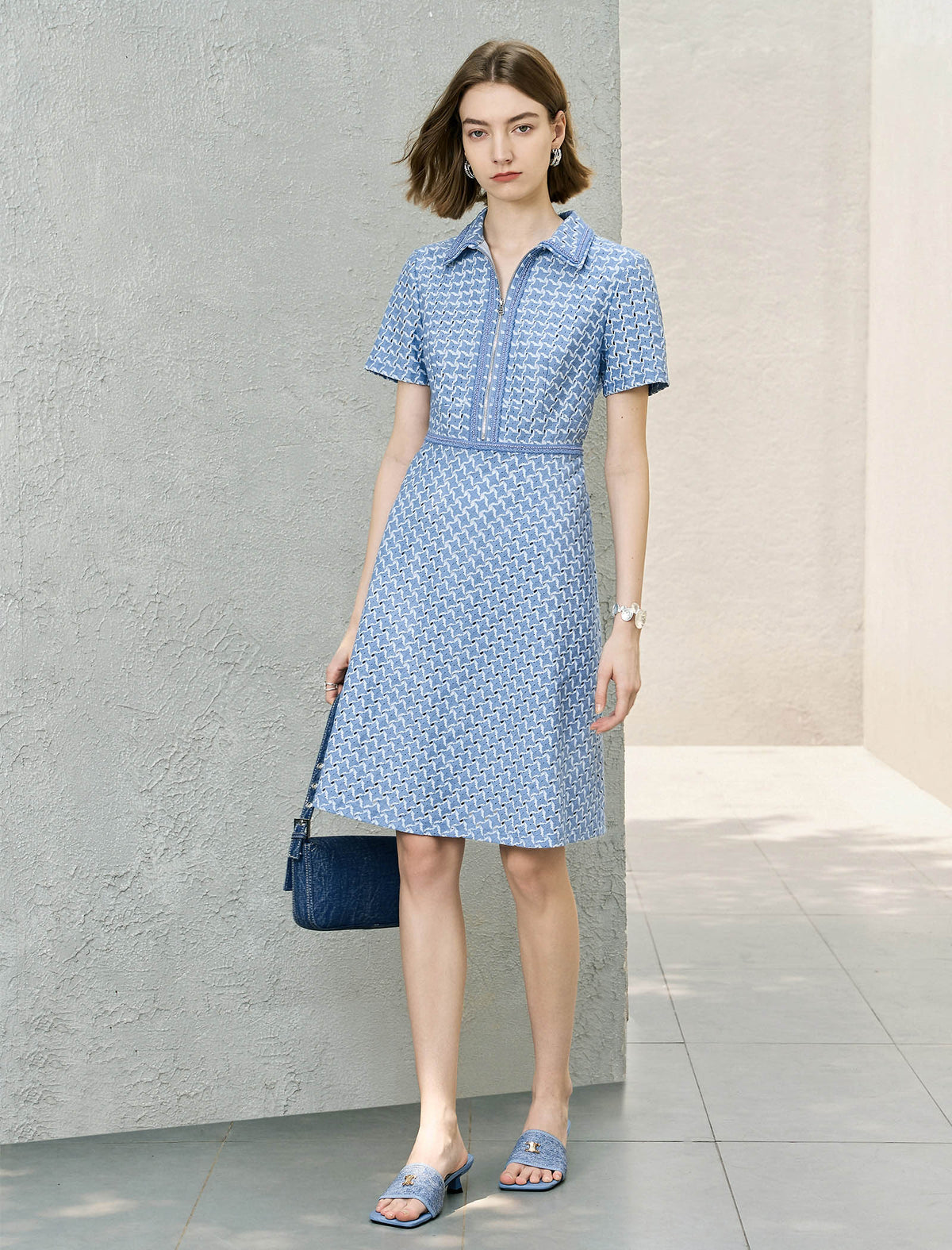 Blue Houndstooth Zipper Front Shirt Dress
