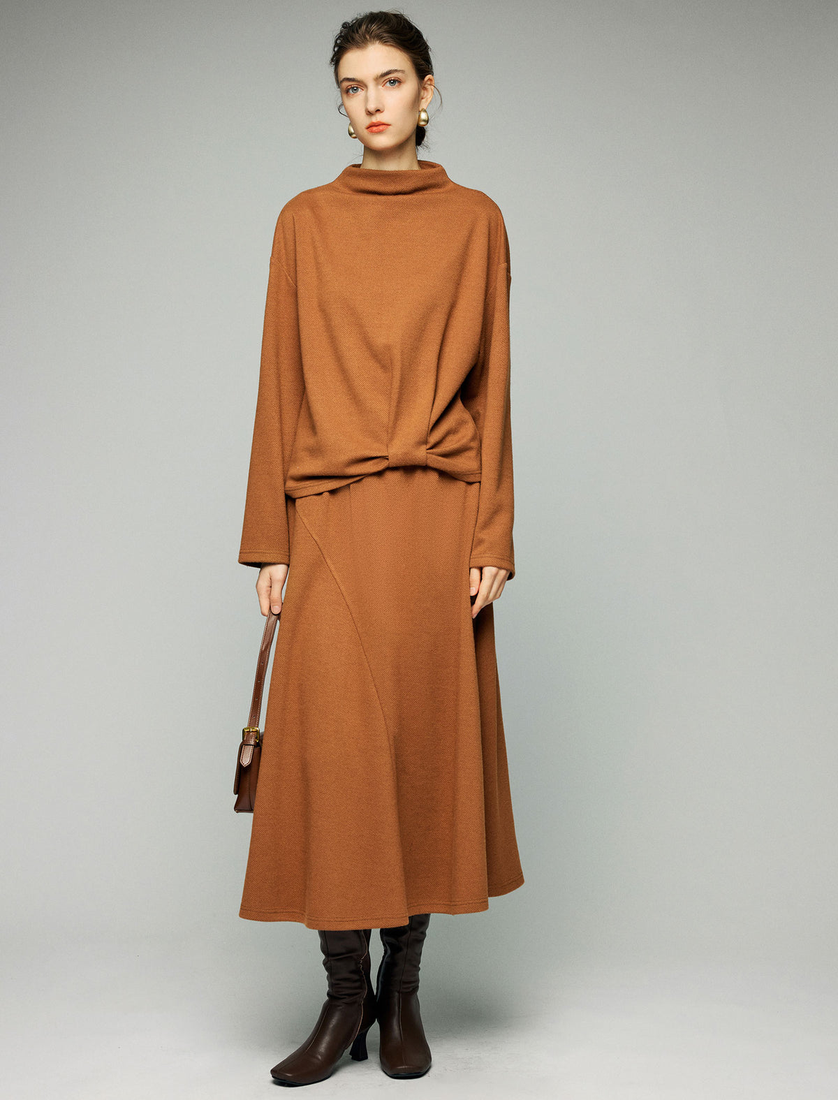 Wool Blend Elastic-Waist A-Line Midi Skirt