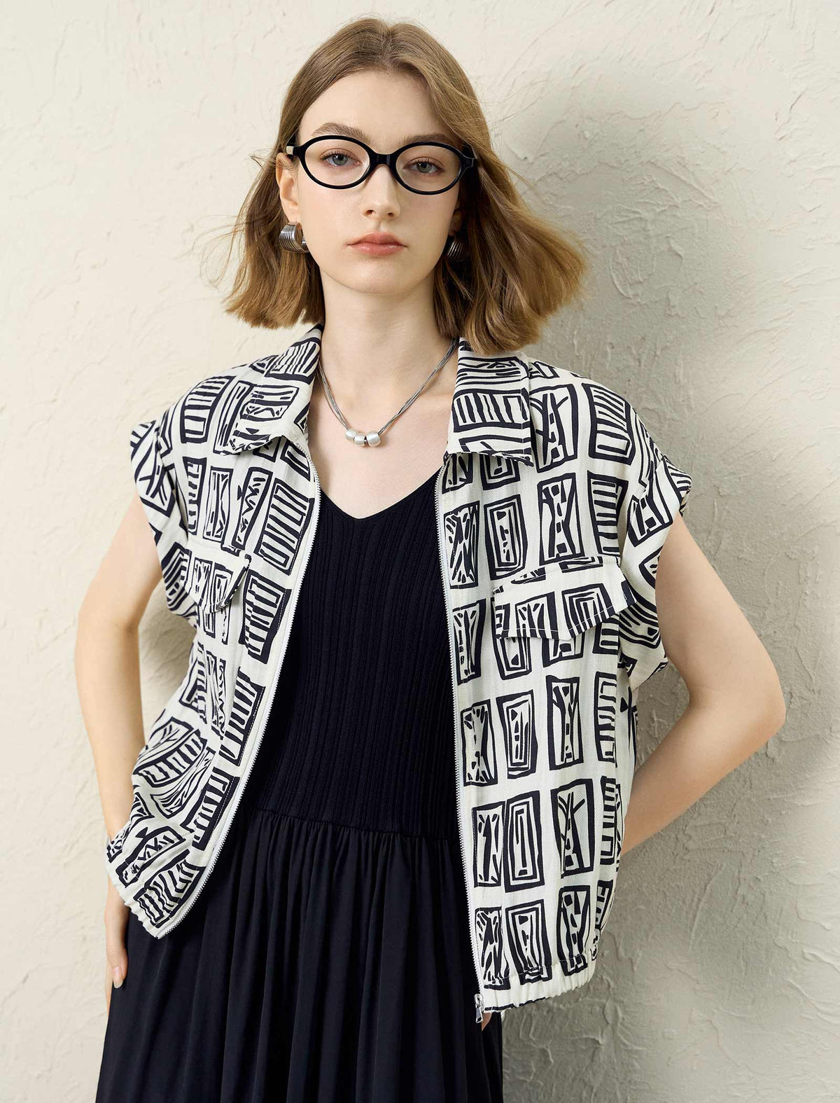Graphic Print Tencel Linen Blend Zip Up Top