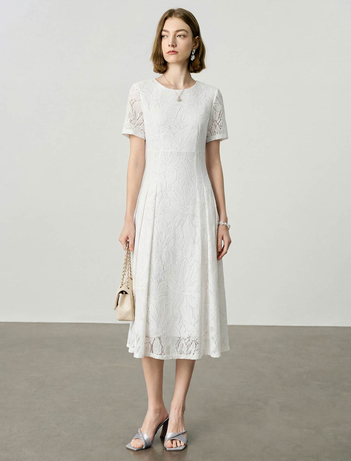 White Floral Lace Short Sleeve Fit And Flare Midi Dress
