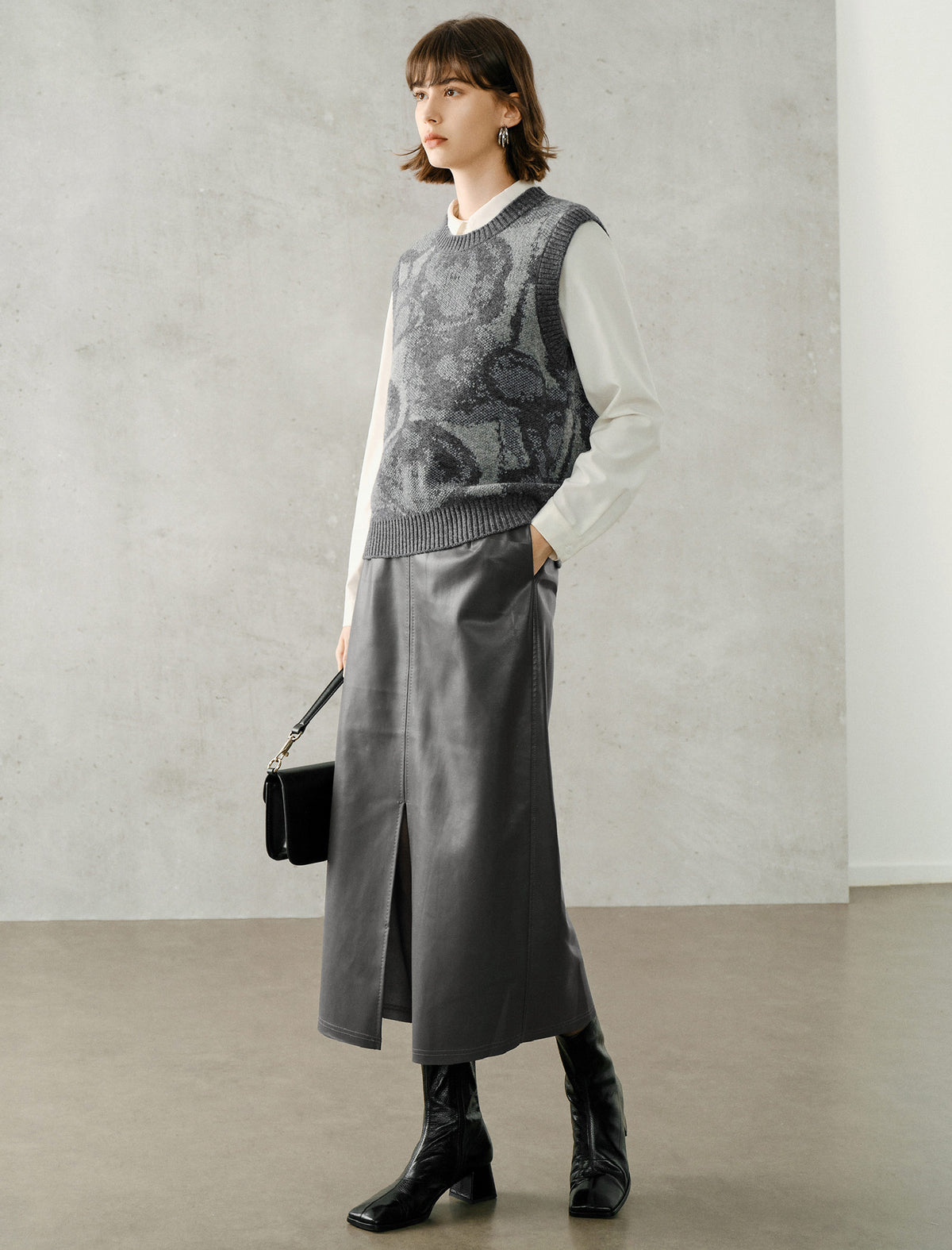 Gray Coated Wrap-Front Midi Skirt