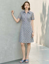 Dusty Blue Rhinestone Grid Lace Collared Short Sleeve Sheath Dress