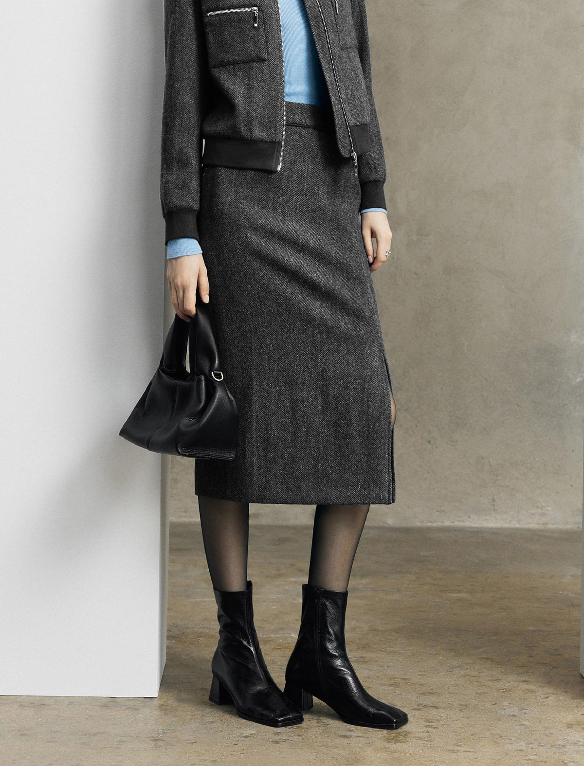 Herringbone Wool Side Slit Midi Skirt