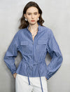 Navy And White Stripe Zip-Front Cinched Blouse