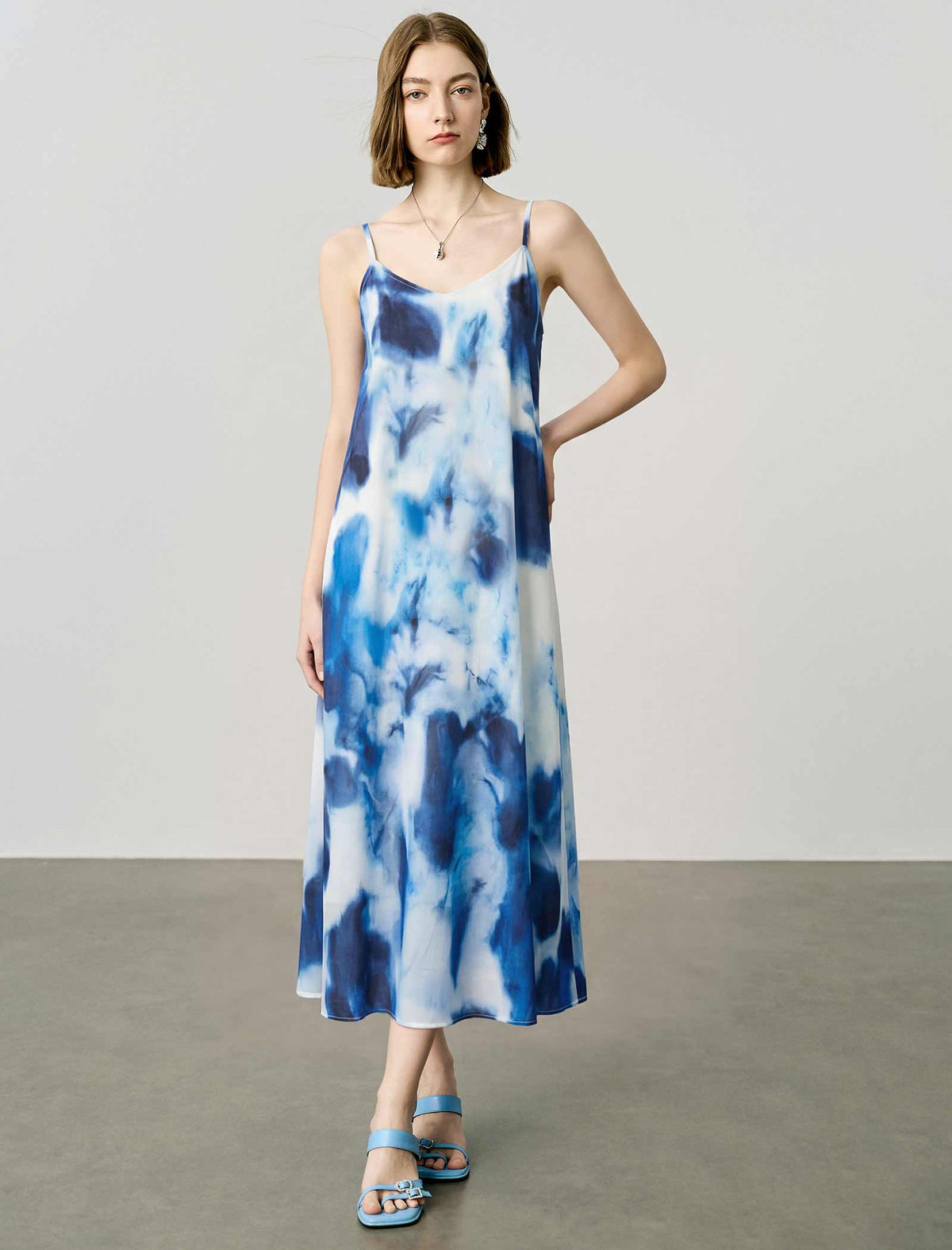 Tie-Dye Watercolor Print V-Neck Mulberry Silk Midi Slip Dress