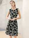 Beaded Neckline Black Floral Jacquard Sleeveless Dress