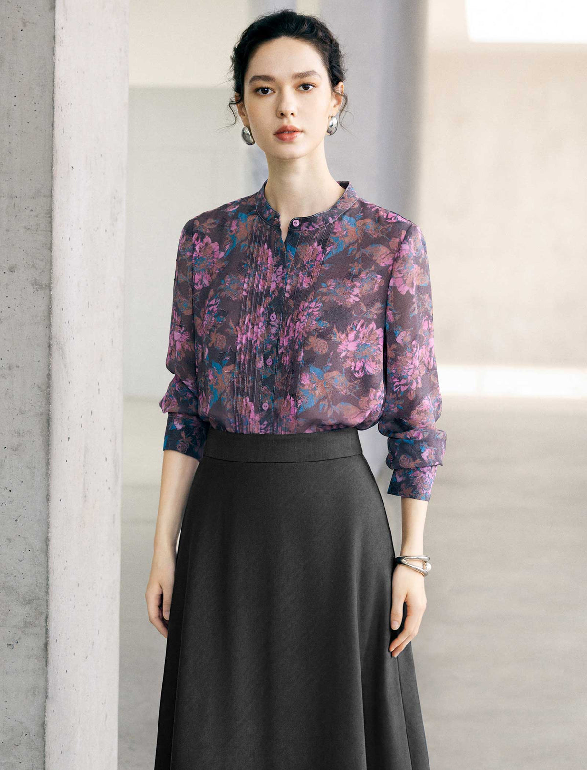 Printed Stand Collar Pleated Chiffon Blouse