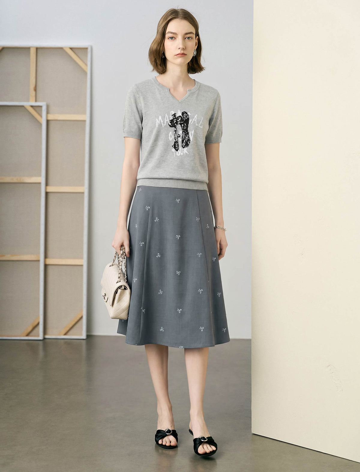 Grey Mini Bow Embroidery A-Line Midi Skirt