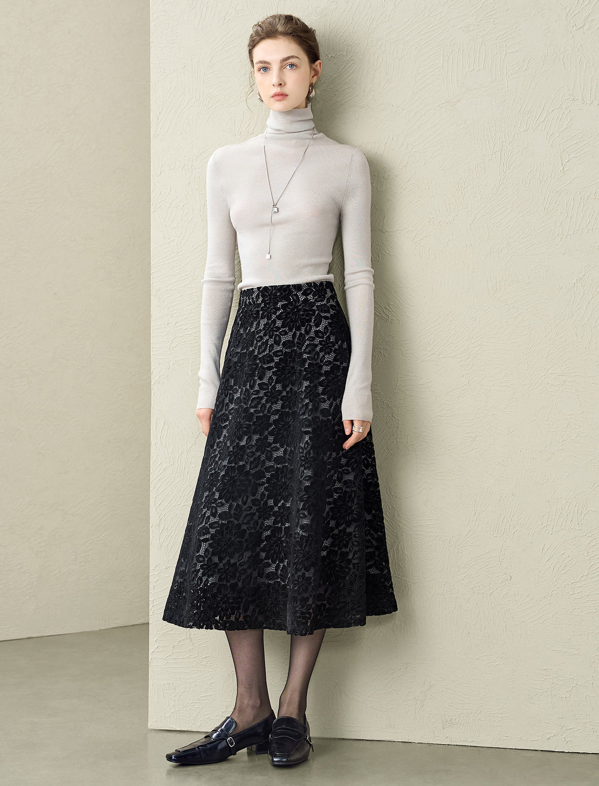 Black Floral Lace Midi Skirt