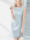Dusty Blue Floral Lace Sheath Sleeveless Dress