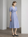 Twist Front Puff Sleeve Ruched-Waist Dress