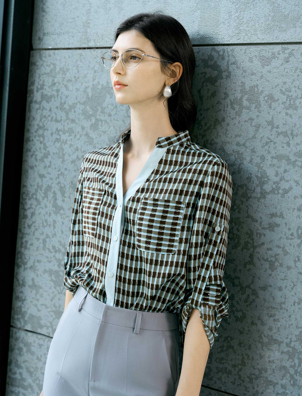 Checked Button-Down V Neck Shirt