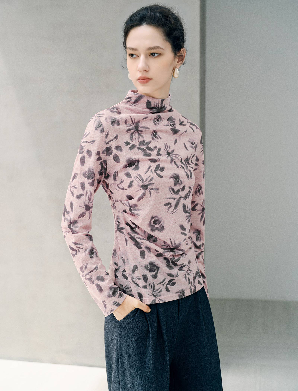 Ink-wash Floral Mock Neck Long Sleeve Top