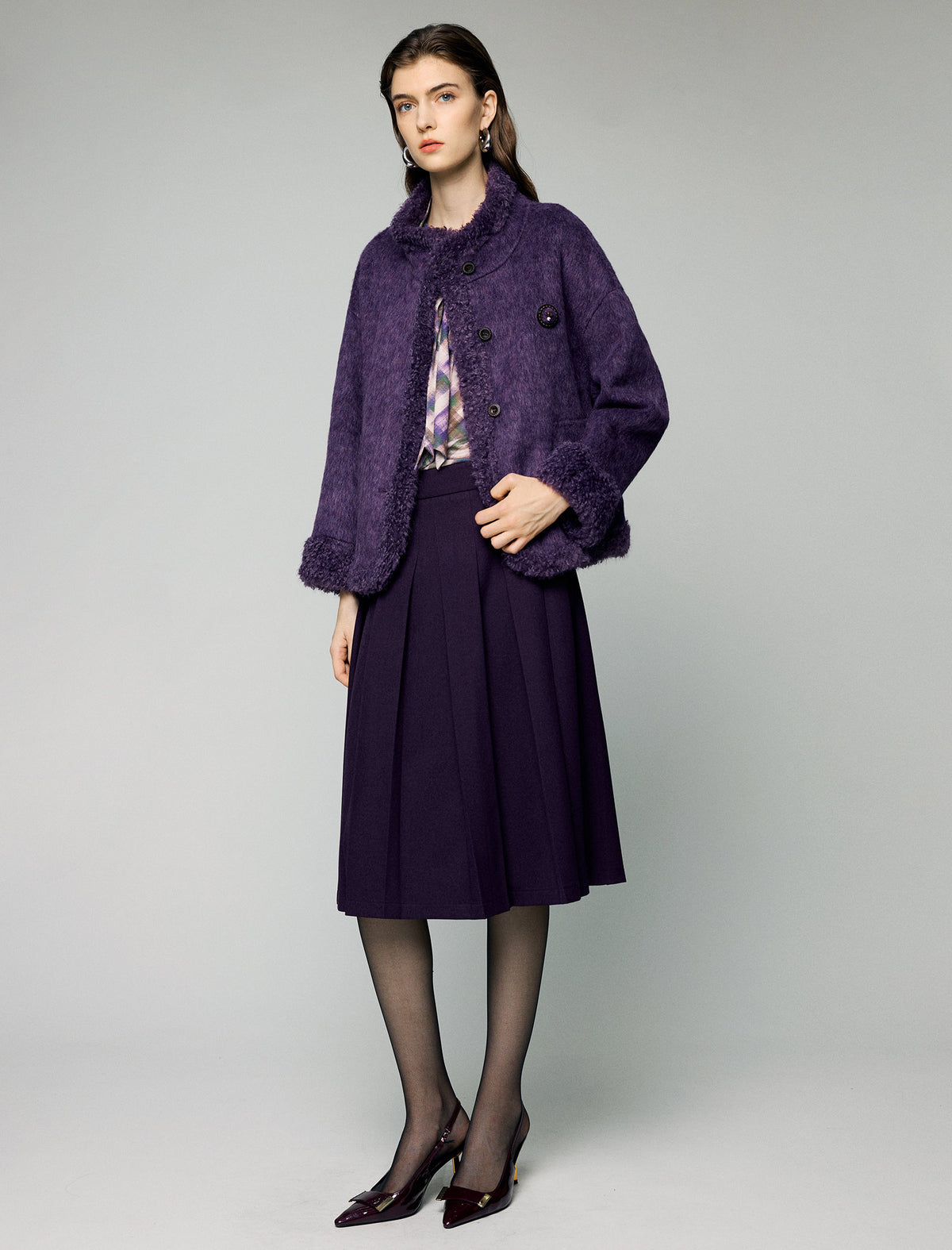 Wool Blend Contrast-Trim Button-Front Cropped Jacket