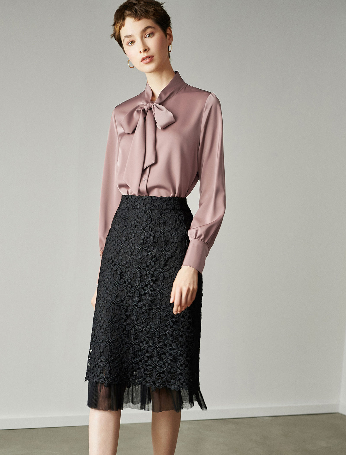 Satin Bow‑Tie Stand‑Collar Long‑Sleeve Blouse