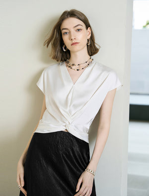 Elegant White V-Neck Twist Front Satin Top
