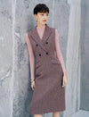 Wool Blend Double Breasted Sleeveless Vest Midi Dress