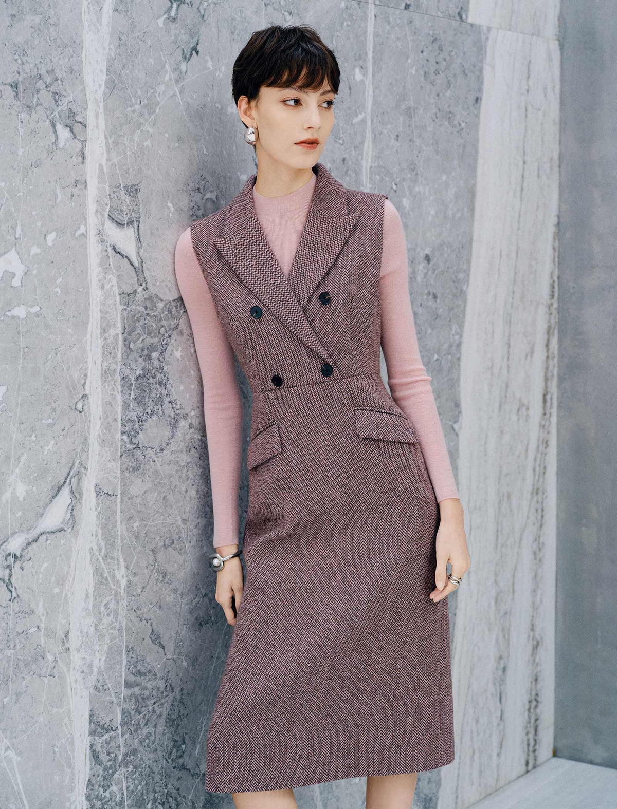 Wool Blend Double Breasted Sleeveless Vest Midi Dress