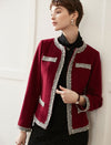 Wool Blend Braided-Trim Hook-Front Fitted Jacket