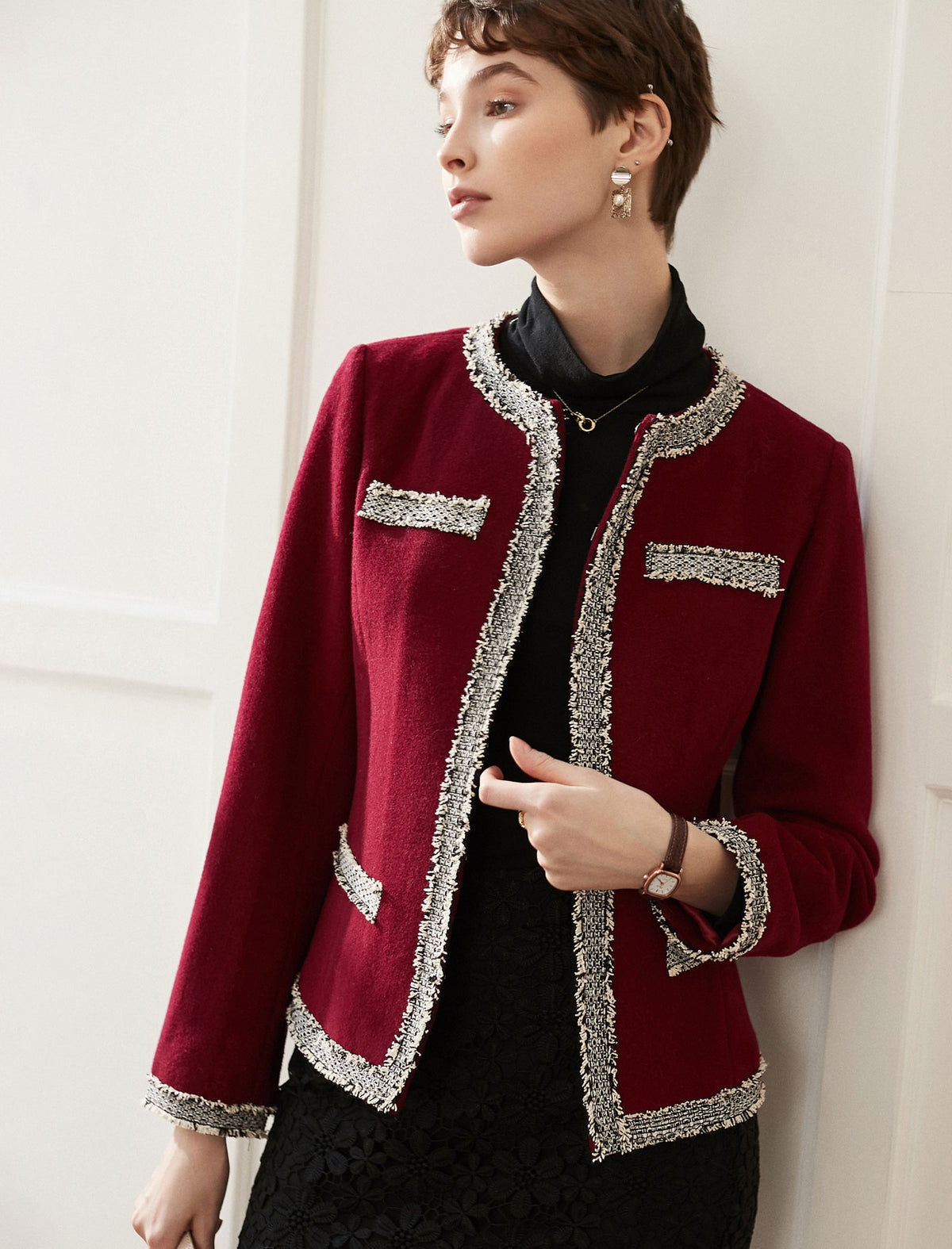 Wool Blend Braided-Trim Hook-Front Fitted Jacket
