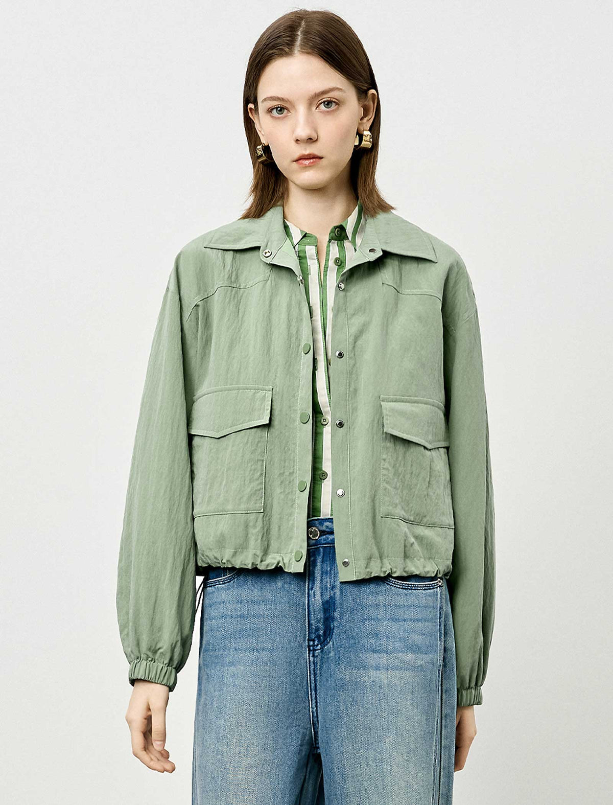 Sage Green Cropped Utility Cargo Jacket