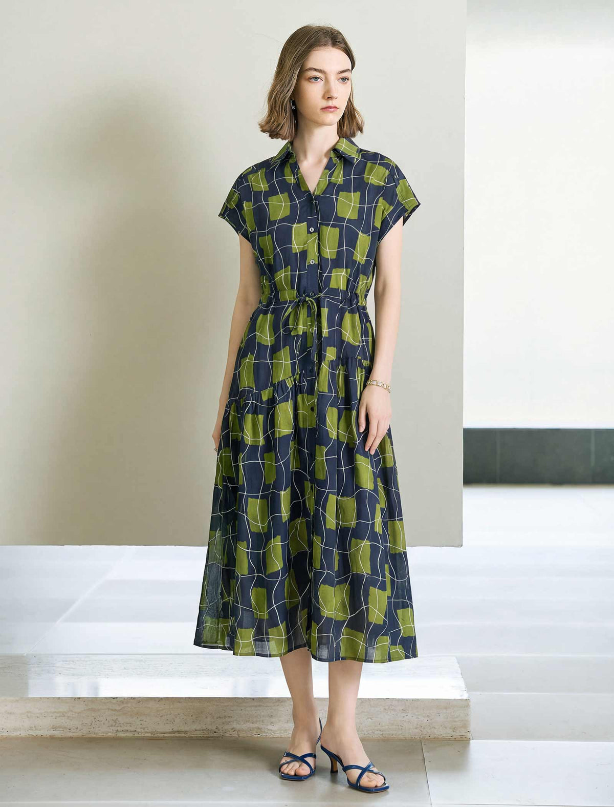 Olive Geometric Print Shirt Midi Dress