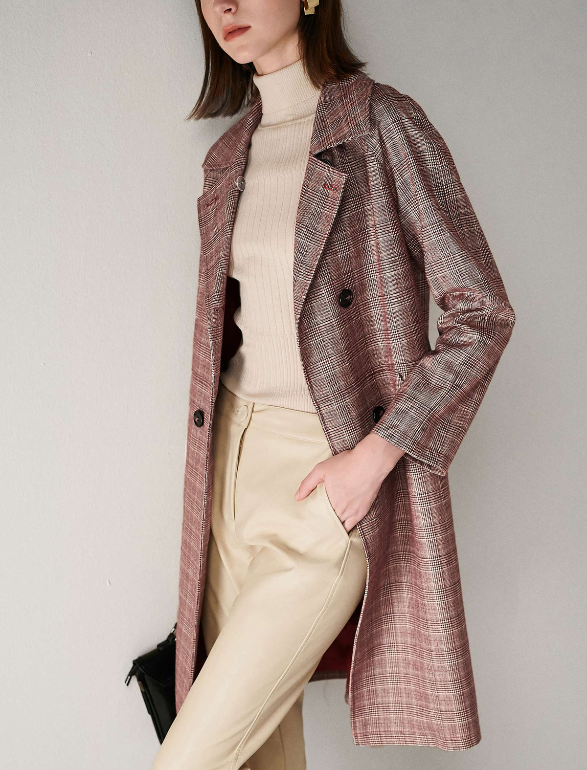 Plaid Collared Raglan-Sleeve Double-Breasted Trench Coat