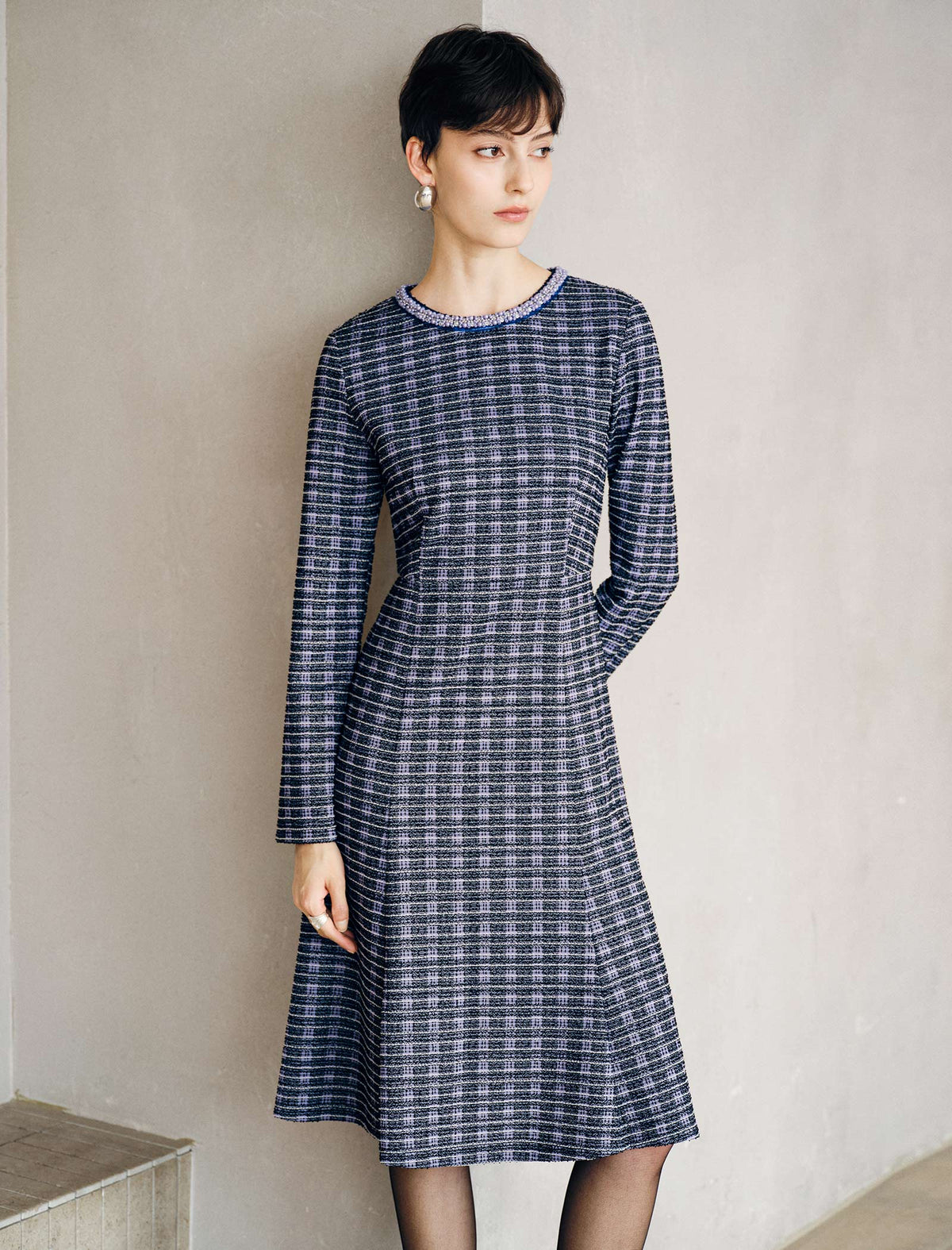 Beaded Crewneck Purple Check Fit Flare Dress