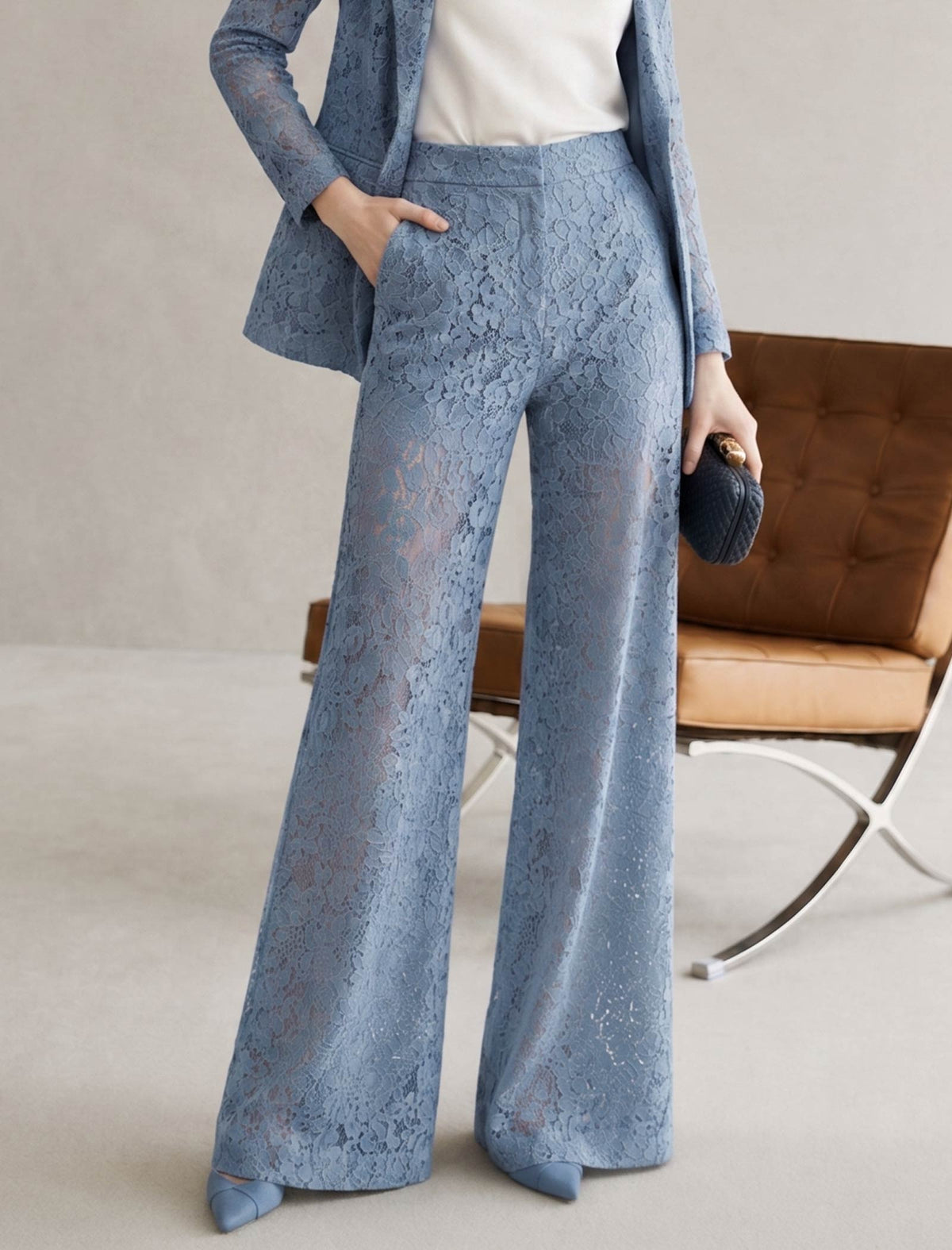 Dusty Blue Lace Wide-Leg Pants