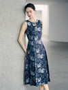 Navy Floral Pearl Trim Round Neck Sleeveless Dress
