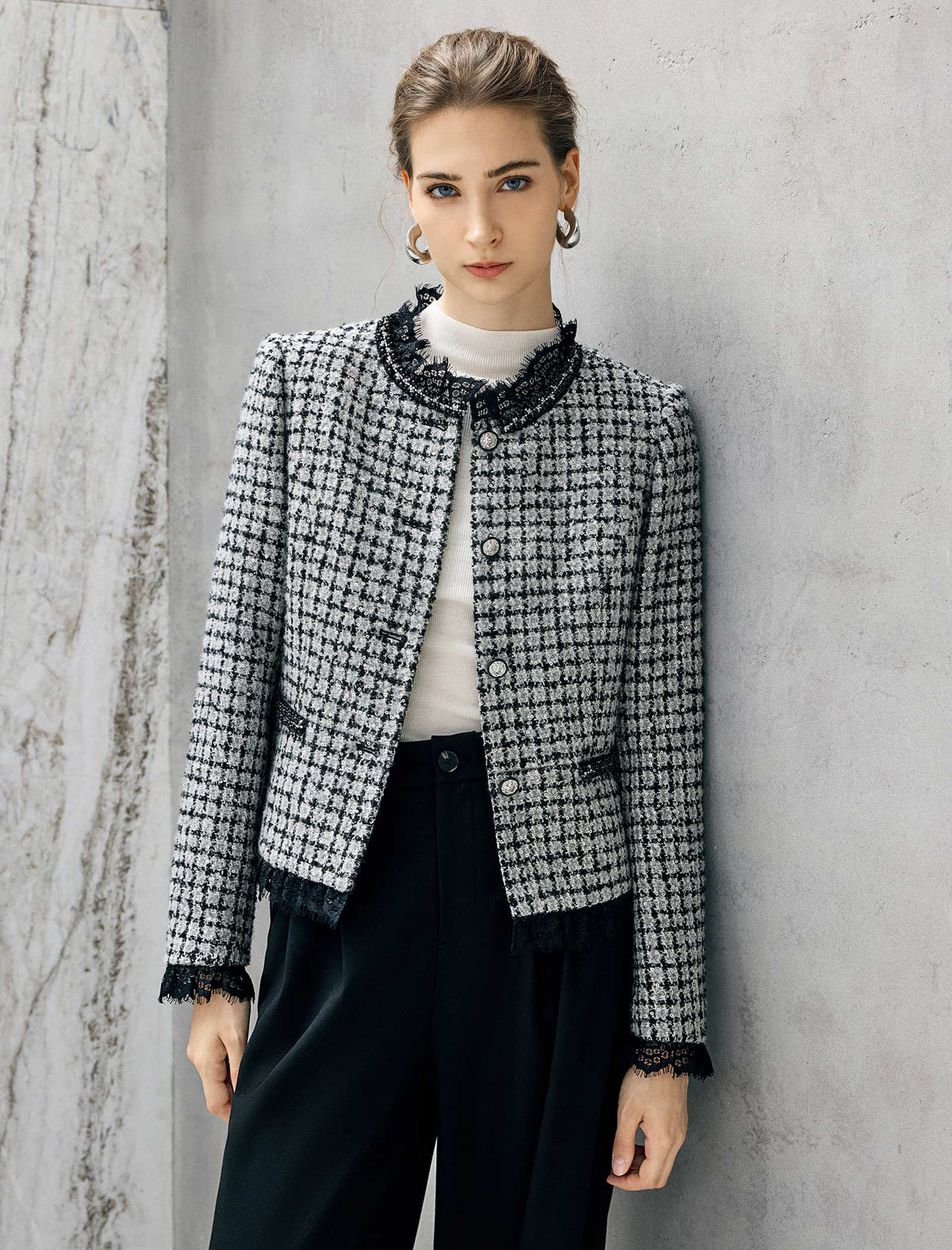 Wool Blend Plaid Crewneck Long Sleeve Jacket