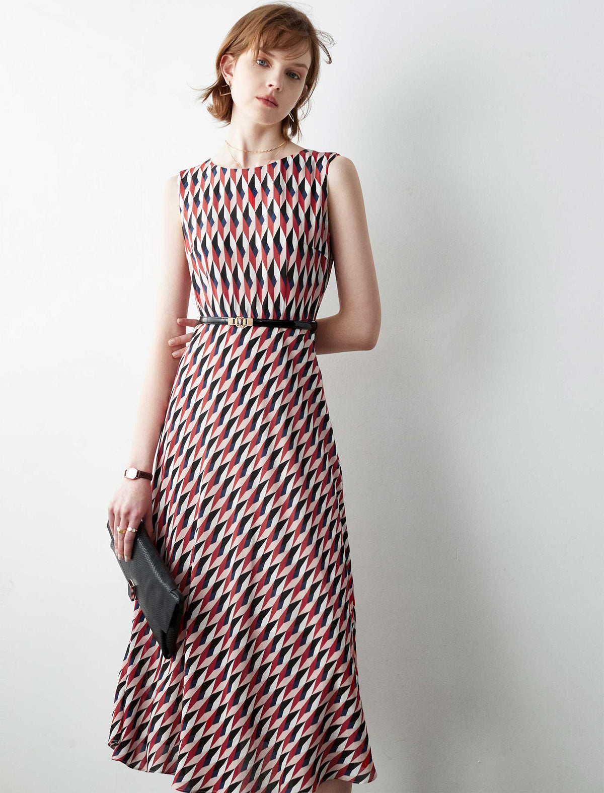 100% Silk Geometric Print Sleeveless Midi Dress