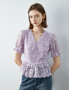 Lace V-Neck Ruffle Detail Puff Sleeve Top