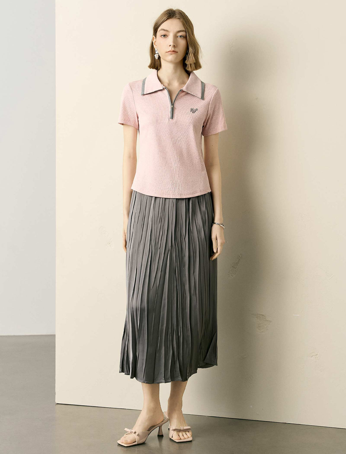 Pink Ribbed Half-Zip Polo Knit Top