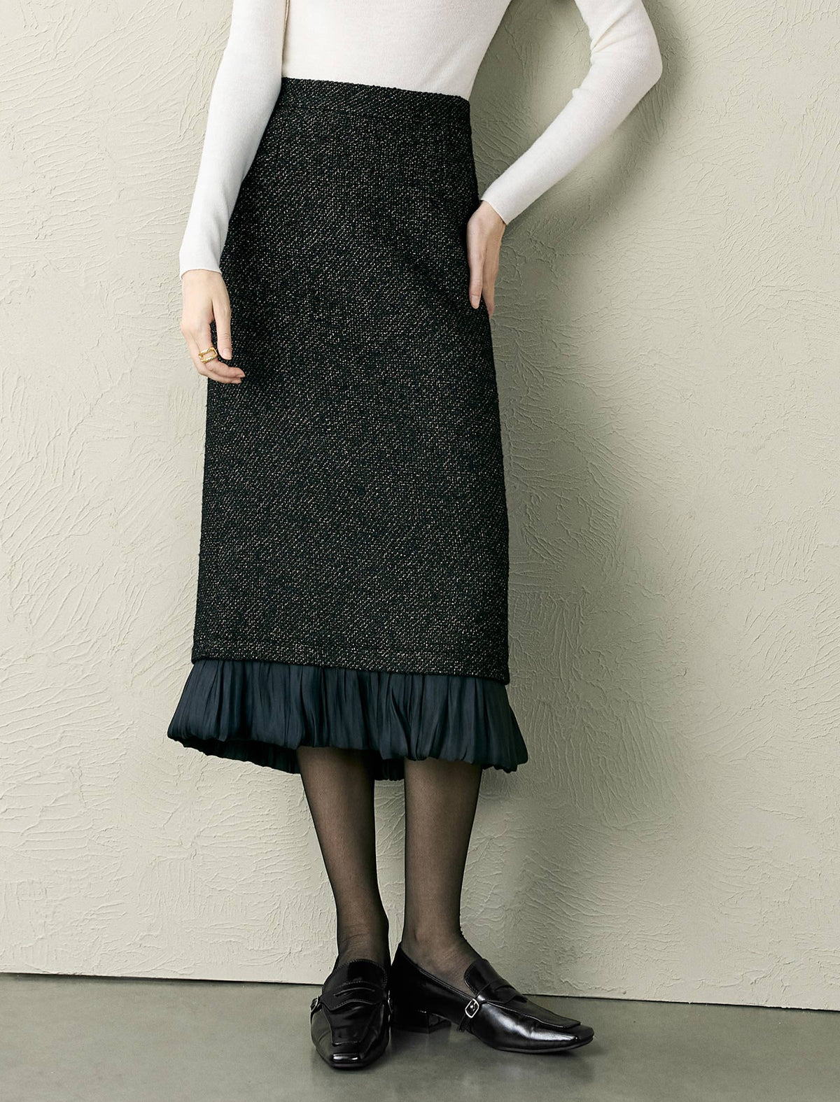 Black Tweed Wool-Blend Ruffle Hem Midi Skirt